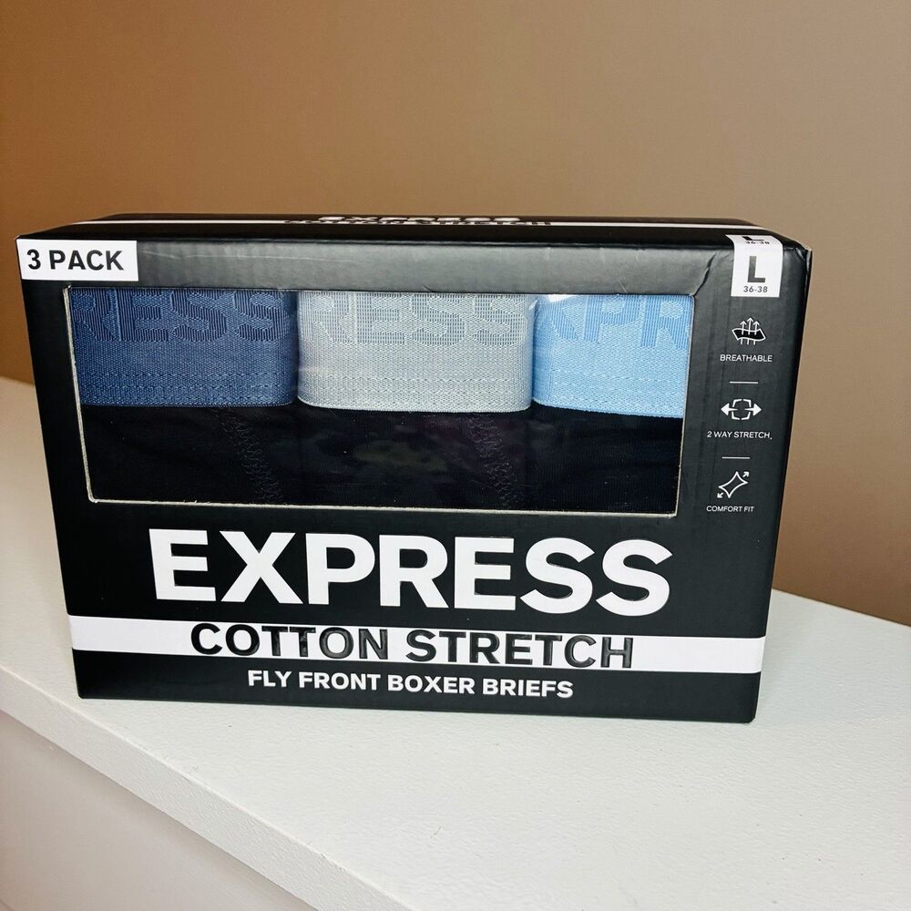 Express 3 Men's Cotton Stretch Fly Front Boxer Briefs Large (36-38) Black